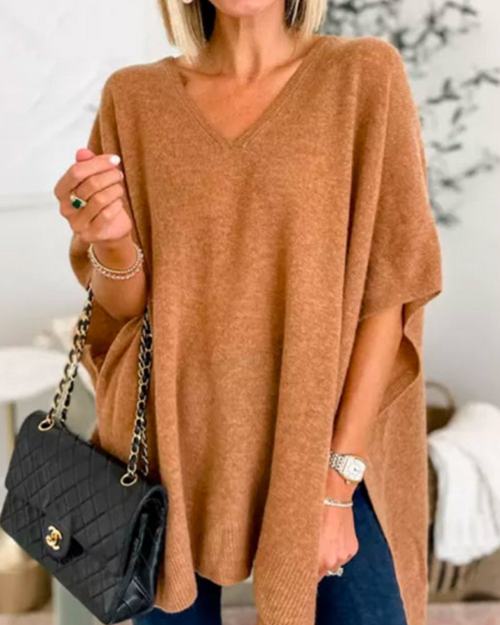Women's Oversized V Neck Jumper with Short Sleeves - photo 1