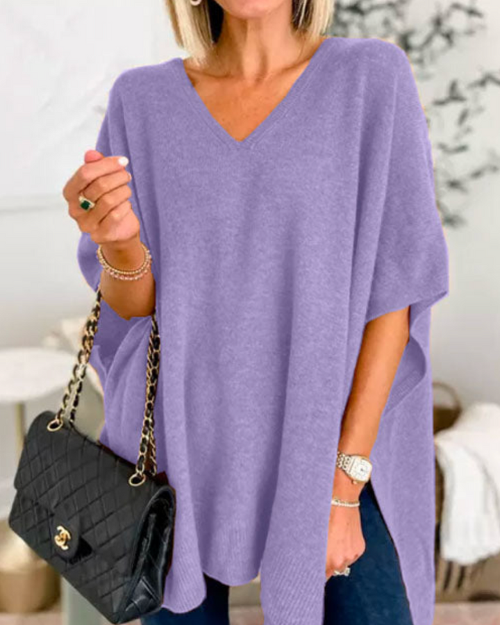 Women's Oversized V Neck Jumper with Short Sleeves - photo 10