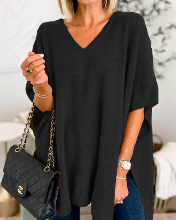 Women's Oversized V Neck Jumper with Short Sleeves - photo 3