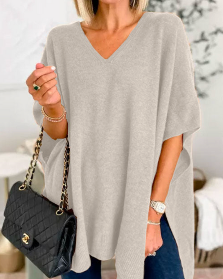 Women's Oversized V Neck Jumper with Short Sleeves - photo 4
