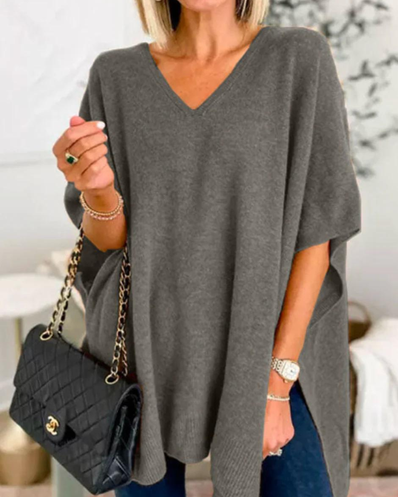 Women's Oversized V Neck Jumper with Short Sleeves - photo 5