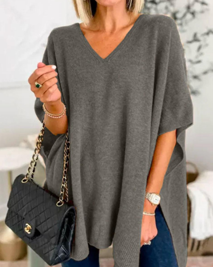Women's Oversized V Neck Jumper with Short Sleeves - photo 5