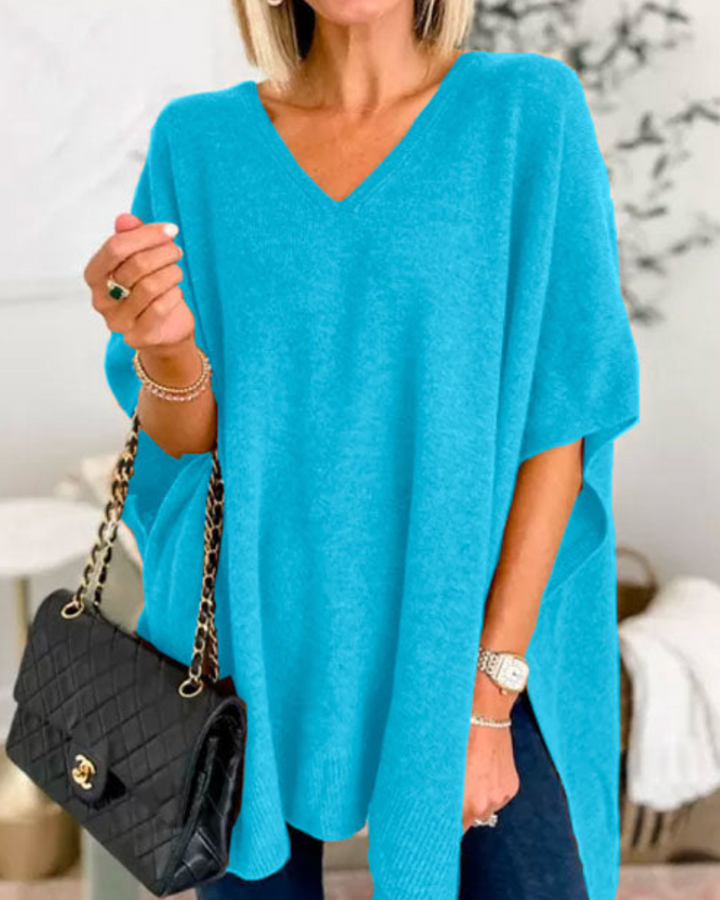 Women's Oversized V Neck Jumper with Short Sleeves - photo 6
