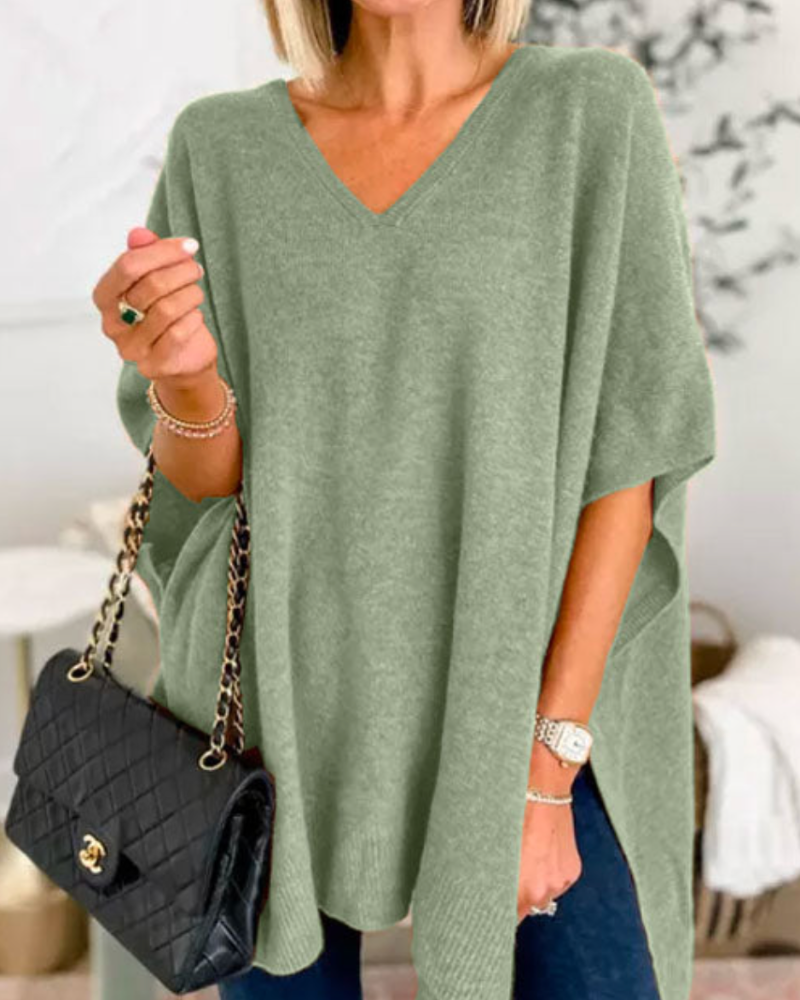 Women's Oversized V Neck Jumper with Short Sleeves - photo 8
