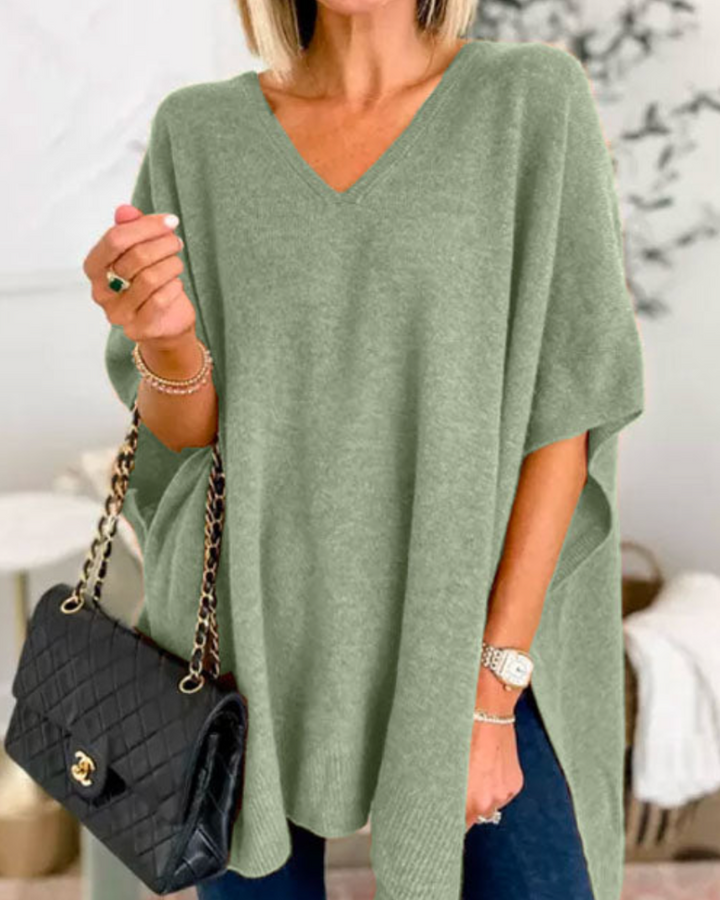 Women's Oversized V Neck Jumper with Short Sleeves - photo 8