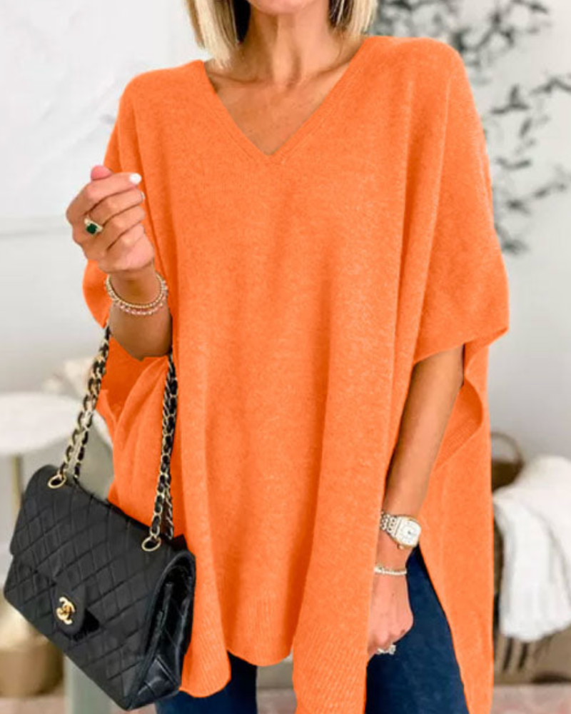 Women's Oversized V Neck Jumper with Short Sleeves - photo 9