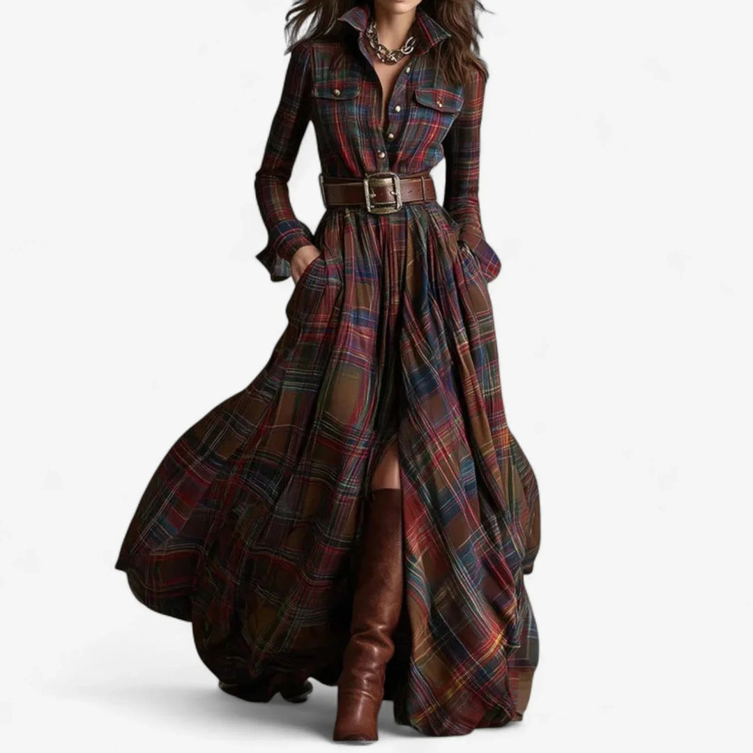 Women's Plaid Shirt Maxi Dress with Belt - Red