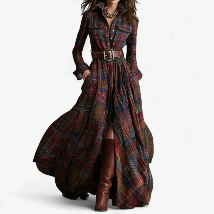 Women's Plaid Shirt Maxi Dress with Belt - Red
