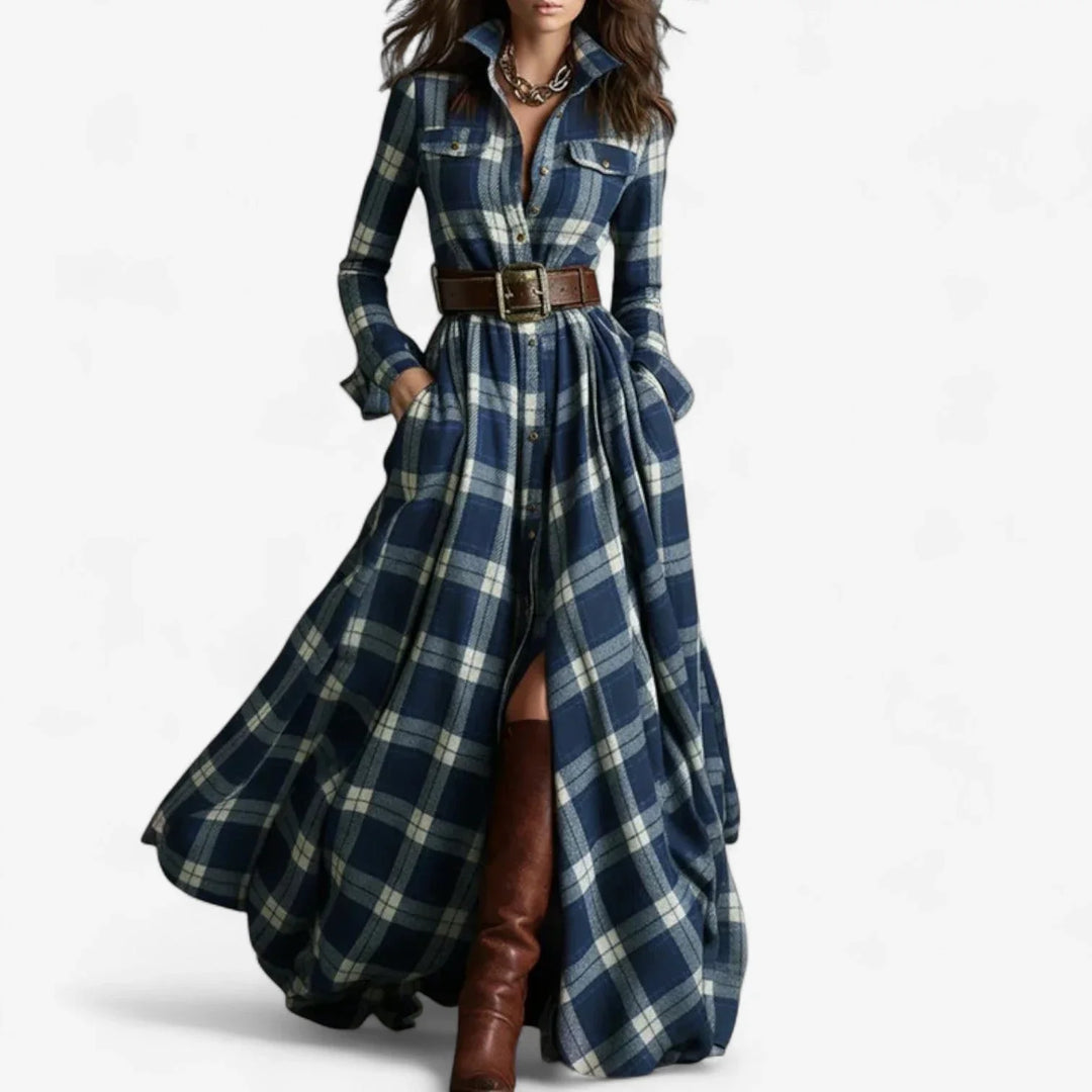 Women's Plaid Shirt Maxi Dress with Belt - Blue
