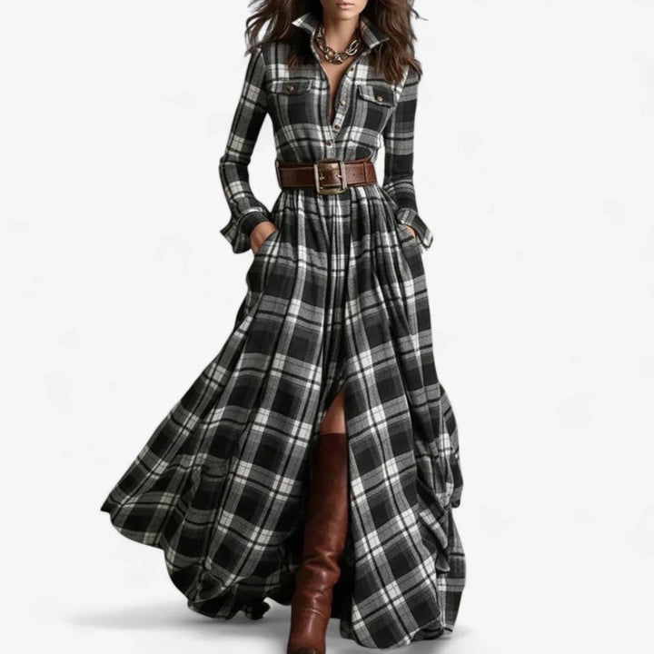 Women's Plaid Shirt Maxi Dress with Belt - Black