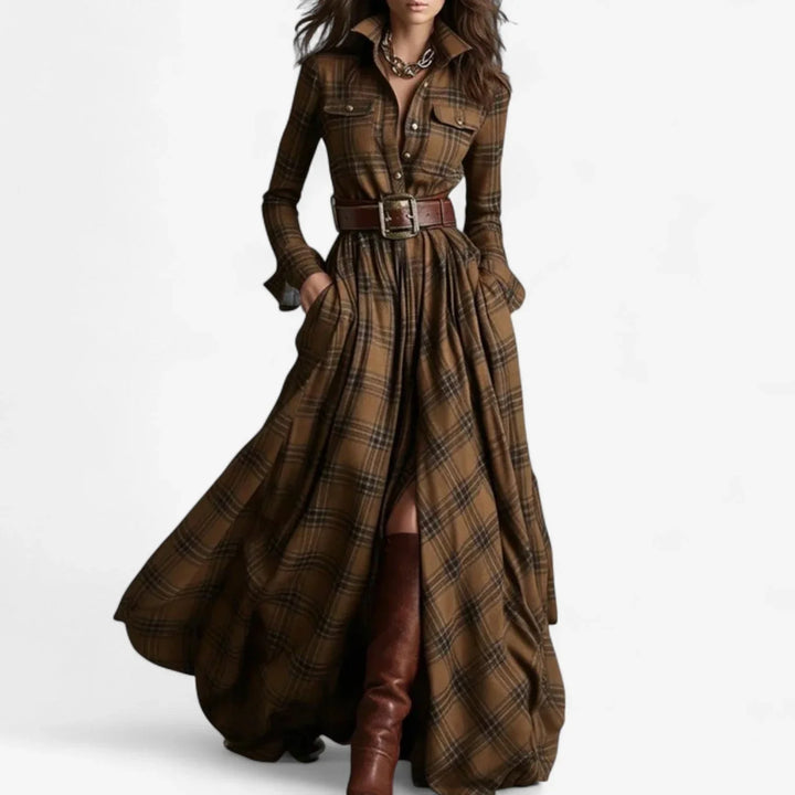 Women's Plaid Shirt Maxi Dress with Belt - Brown