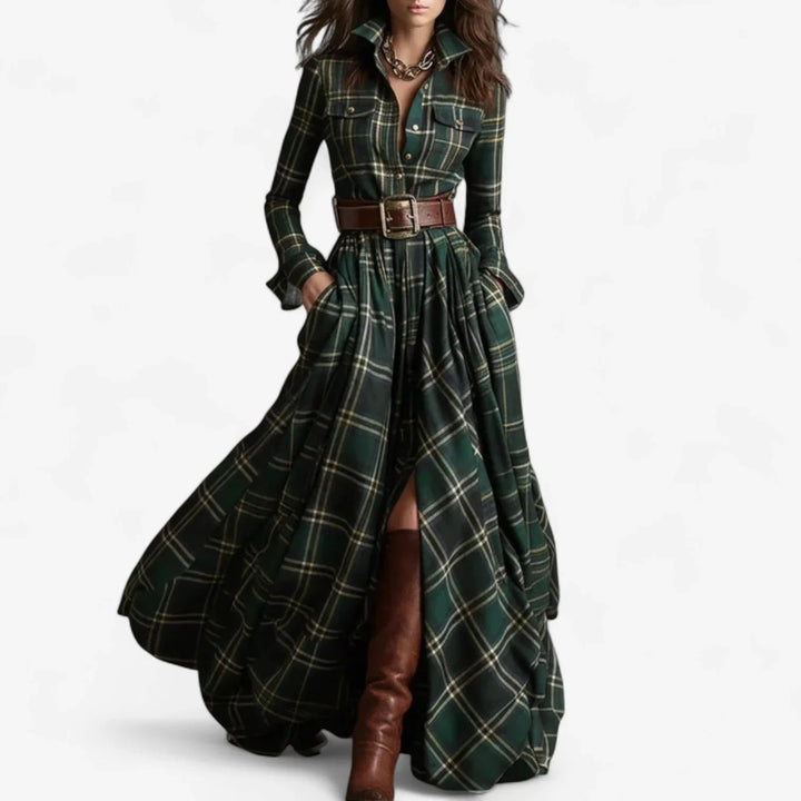 Women's Plaid Shirt Maxi Dress with Belt - Green