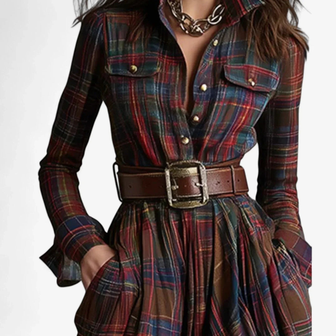 Women's Plaid Shirt Maxi Dress with Belt