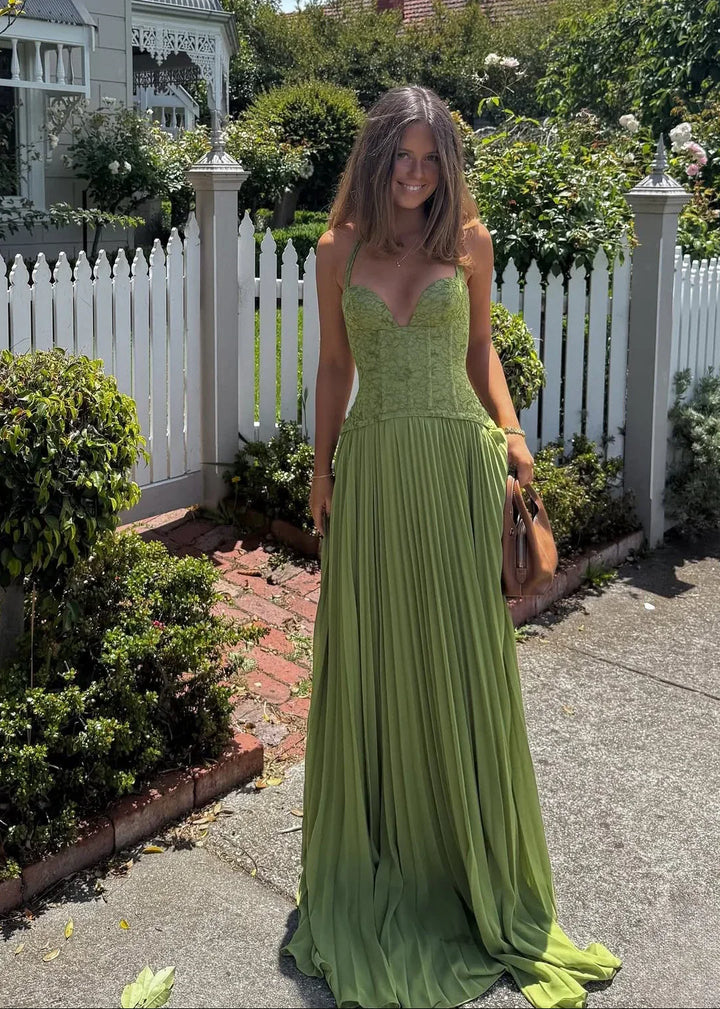 Women's Pleated Corset Maxi – Halter Lace Bodice Wedding Guest Dress