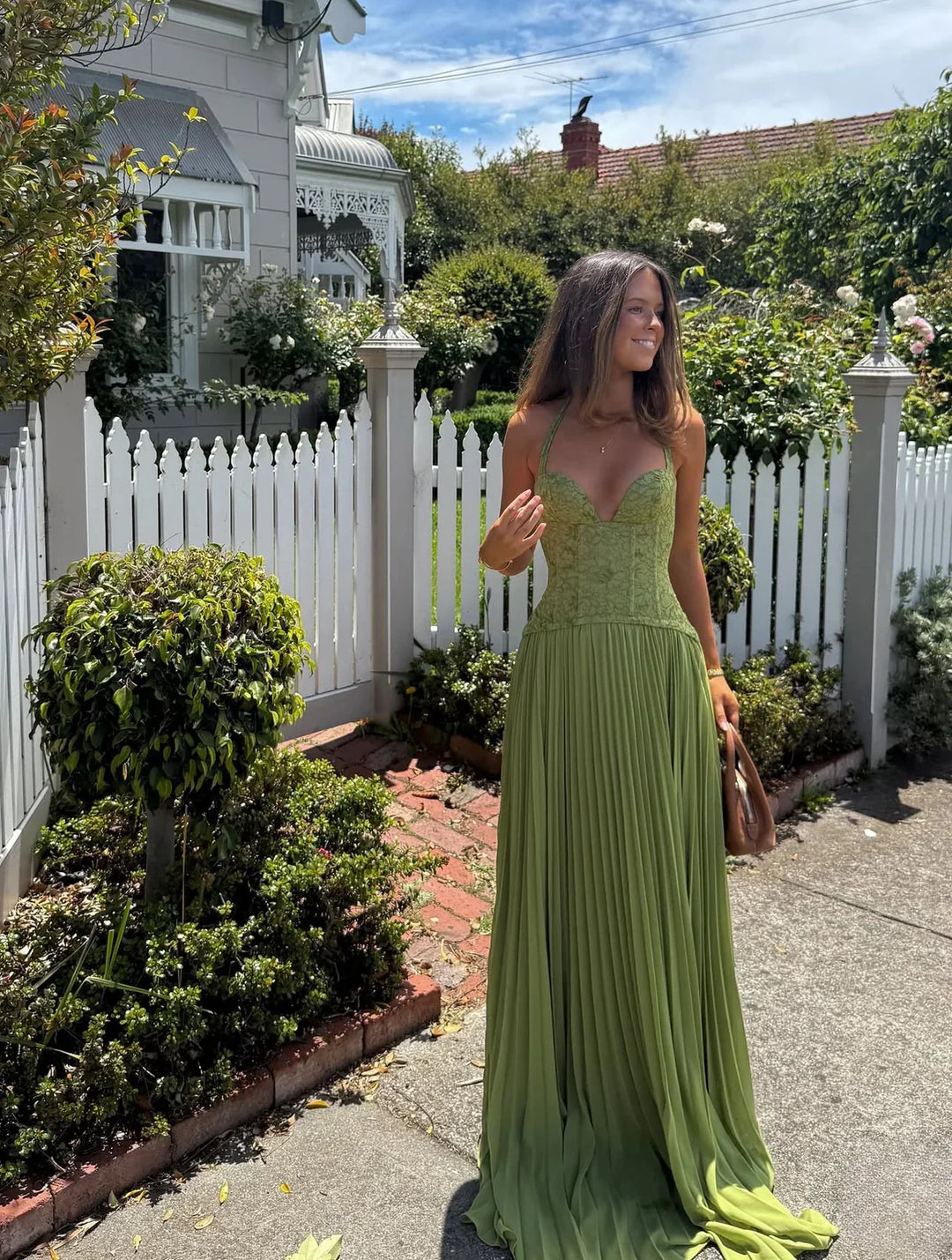 Women's Pleated Corset Maxi – Halter Lace Bodice Wedding Guest Dress
