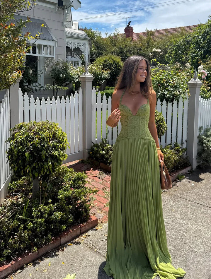 Women's Pleated Corset Maxi – Halter Lace Bodice Wedding Guest Dress