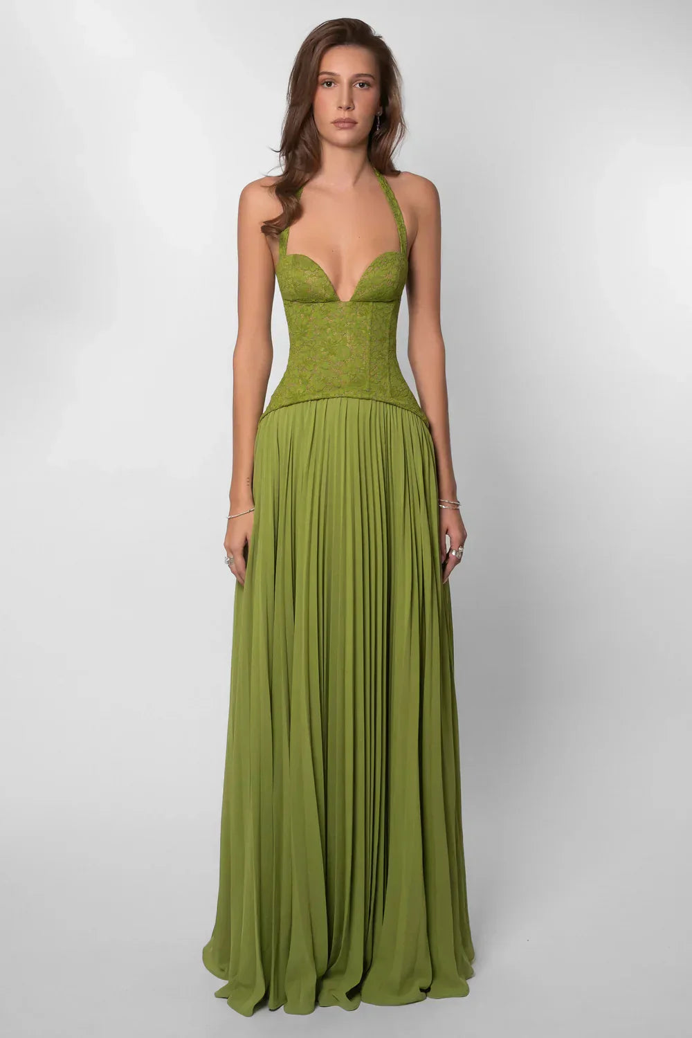 Women's Pleated Corset Maxi – Halter Lace Bodice Wedding Guest Dress
