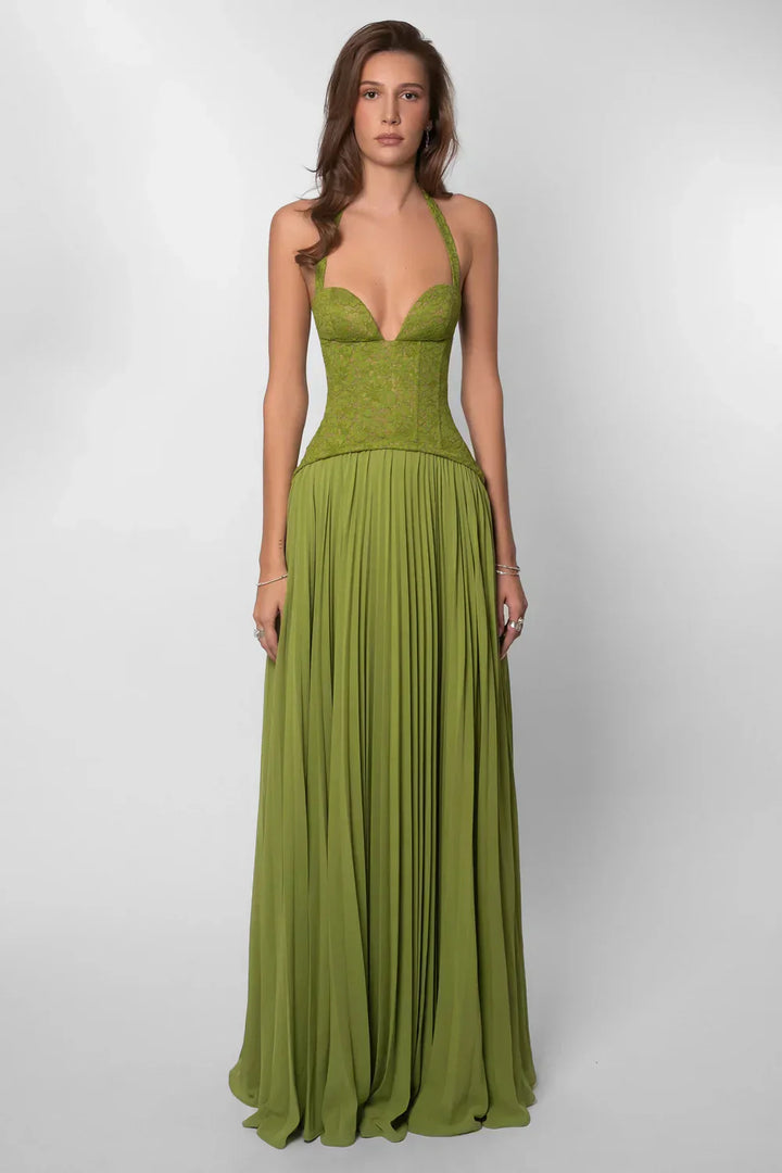 Women's Pleated Corset Maxi – Halter Lace Bodice Wedding Guest Dress