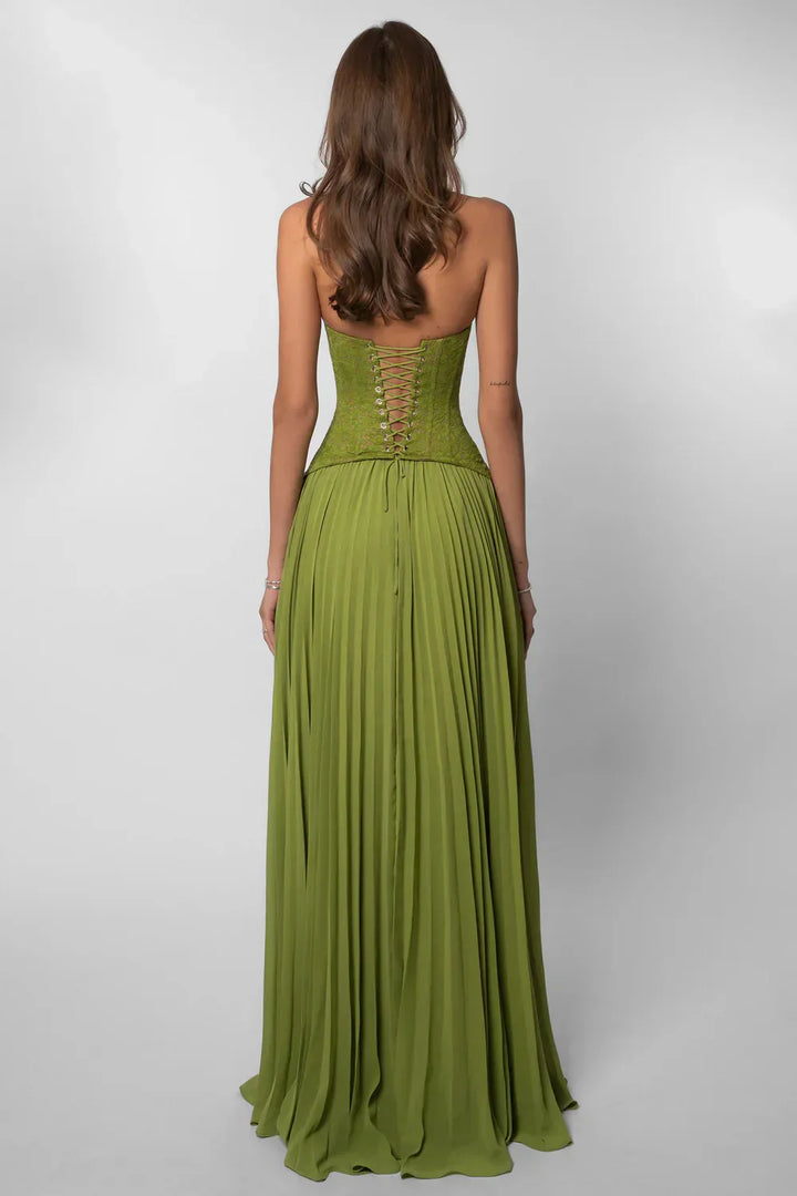 Women's Pleated Corset Maxi – Halter Lace Bodice Wedding Guest Dress