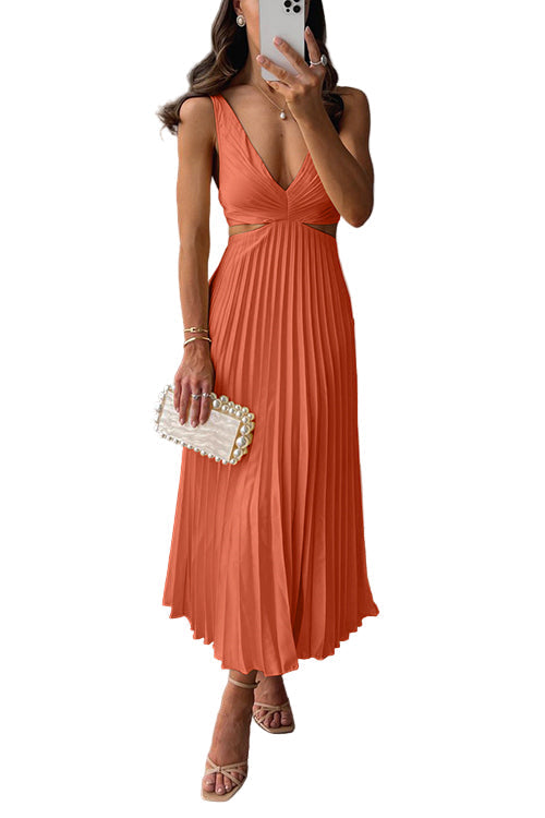Women's Pleated Double-Breasted Midi Dress with a Deep Neckline
