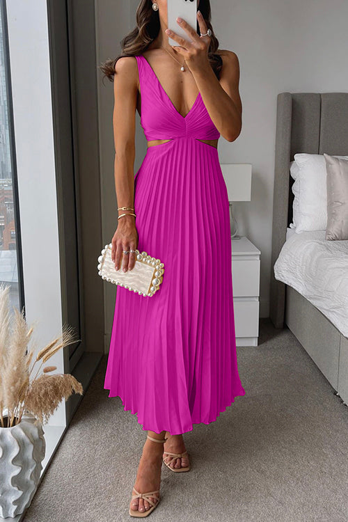 Women's Pleated Double-Breasted Midi Dress with a Deep Neckline