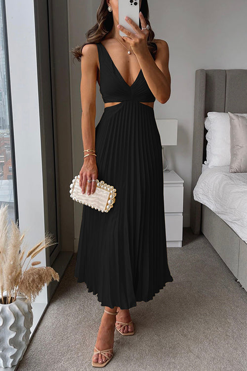 Women's Pleated Double-Breasted Midi Dress with a Deep Neckline