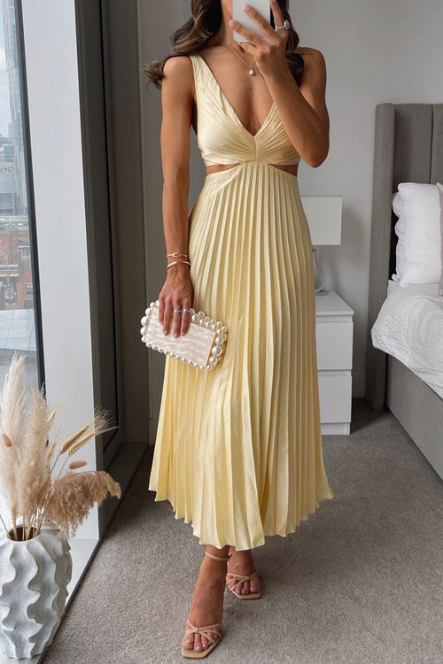 Women's Pleated Double-Breasted Midi Dress with a Deep Neckline