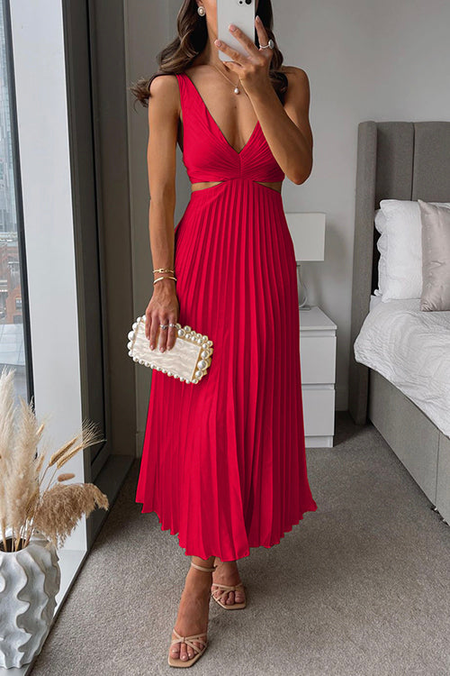 Women's Pleated Double-Breasted Midi Dress with a Deep Neckline