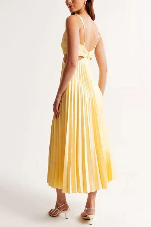 Women's Pleated Double-Breasted Midi Dress with a Deep Neckline