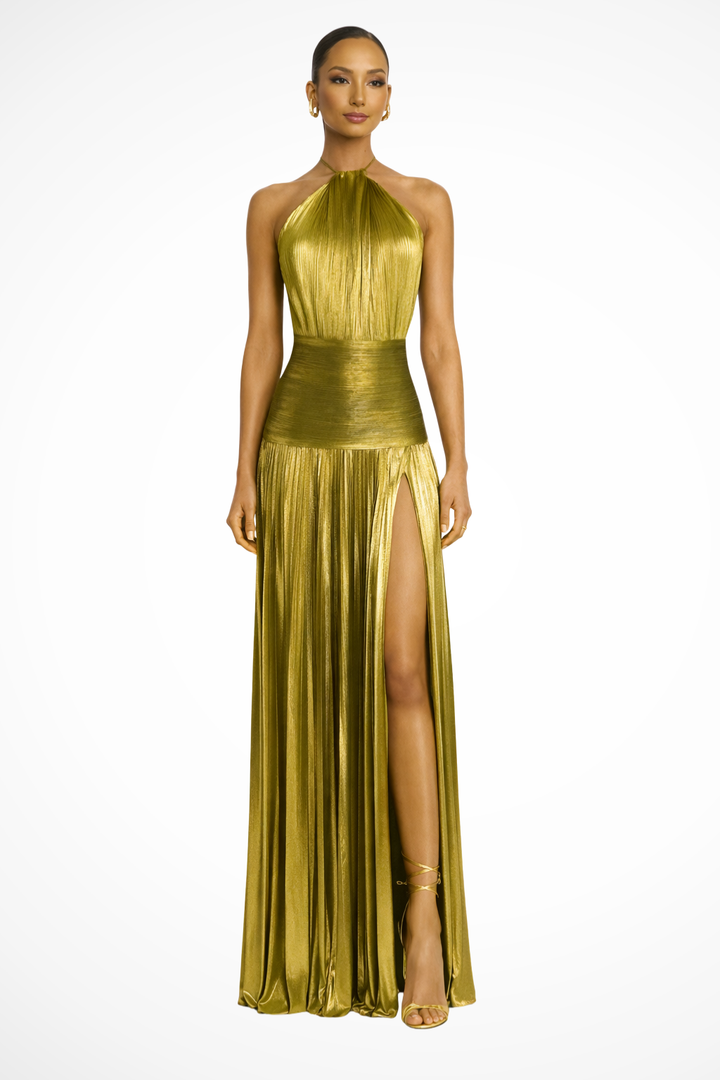 Women's Pleated Satin Halter Neck Maxi Dress - photo 1
