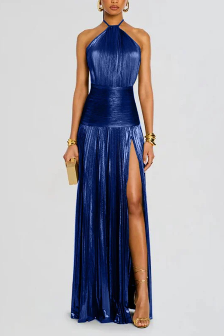 Women's Pleated Satin Halter Neck Maxi Dress - photo 11