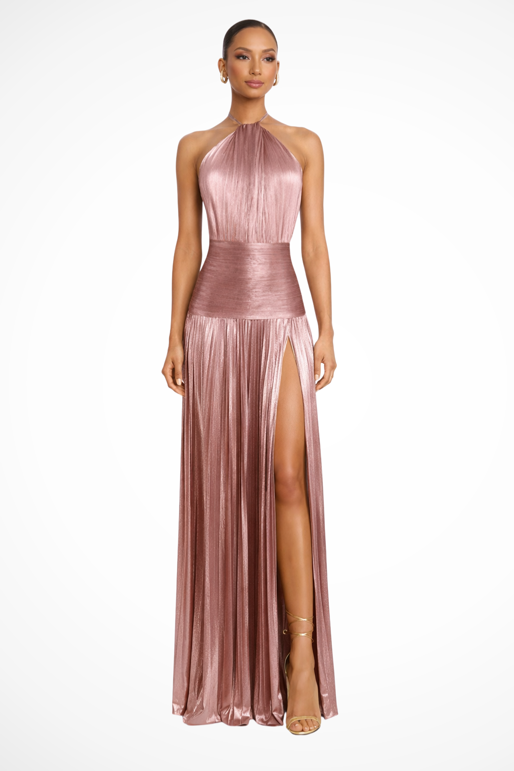 Women's Pleated Satin Halter Neck Maxi Dress - photo 12