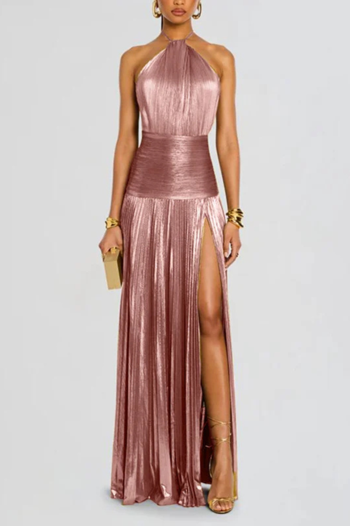 Women's Pleated Satin Halter Neck Maxi Dress - photo 13