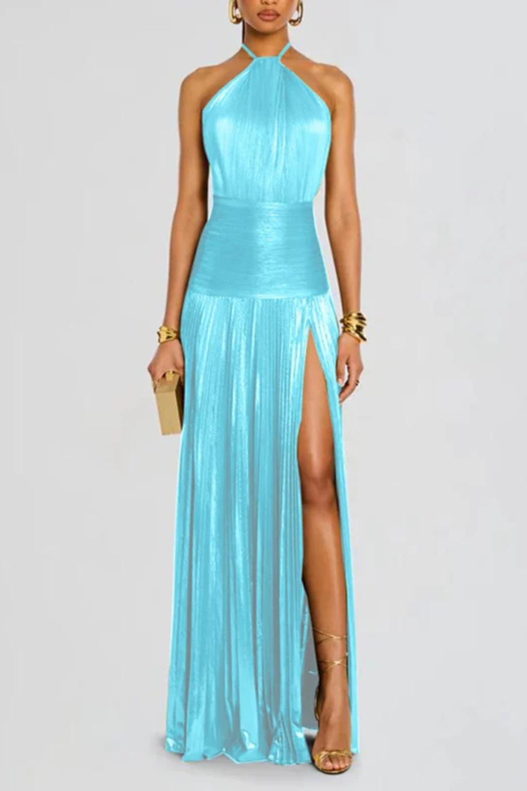 Women's Pleated Satin Halter Neck Maxi Dress - photo 15