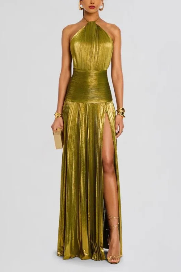 Women's Pleated Satin Halter Neck Maxi Dress - photo 4