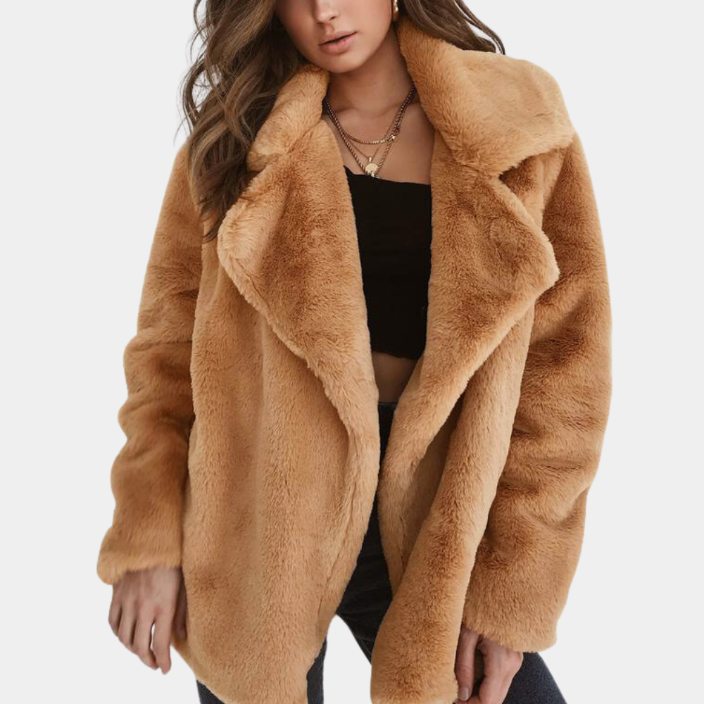 Women's Plush Teddy Coat with Lapel Collar - Brown