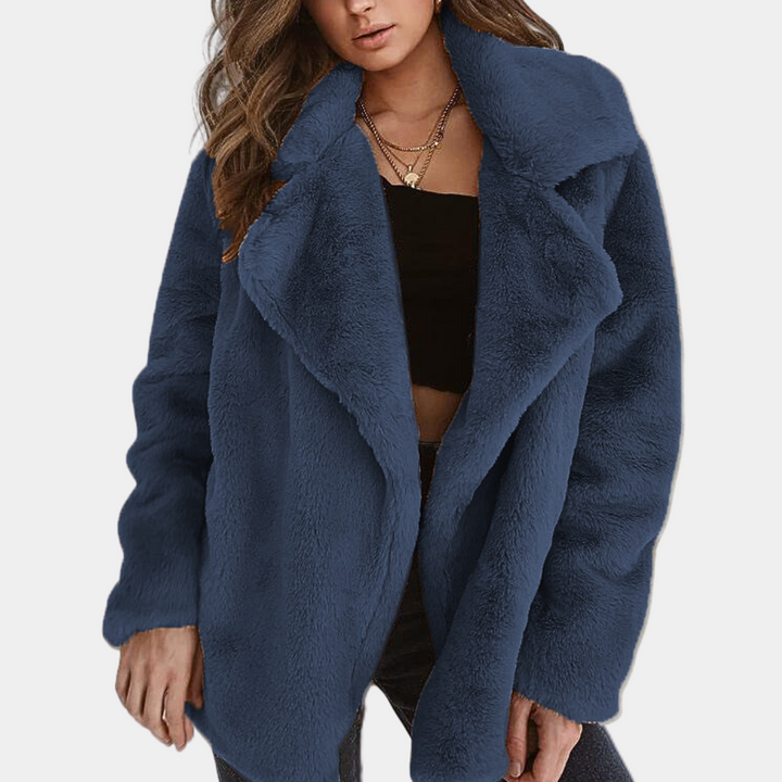 Women's Plush Teddy Coat with Lapel Collar - Blue