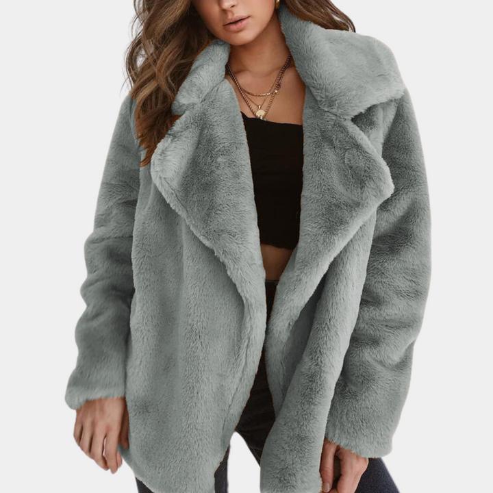 Women's Plush Teddy Coat with Lapel Collar - Grey