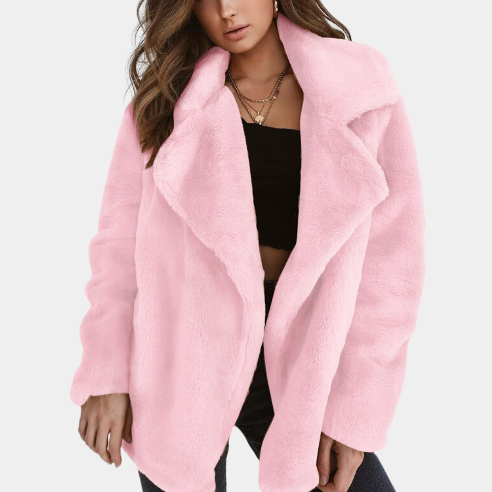 Women's Plush Teddy Coat with Lapel Collar - Pink