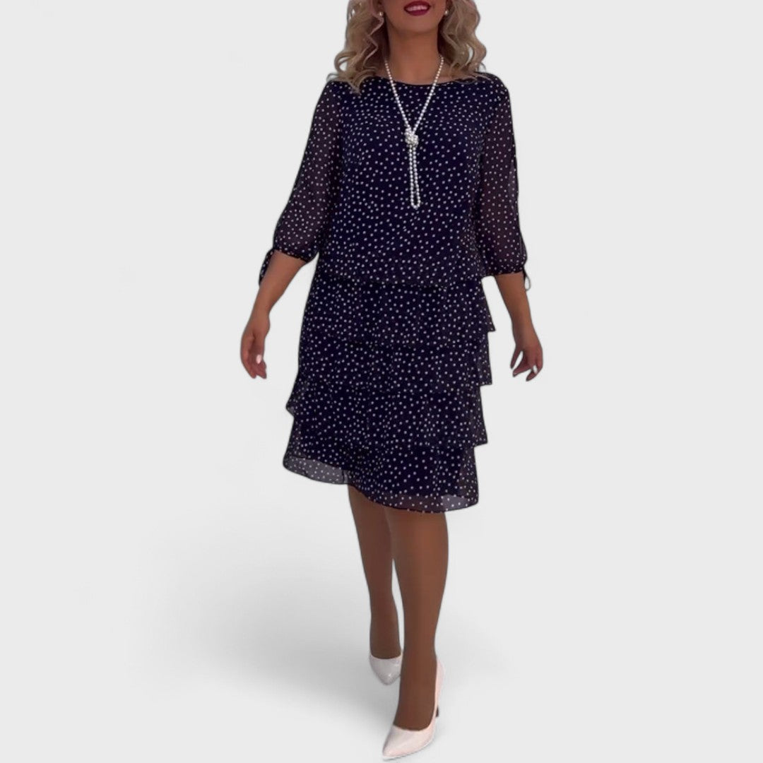 Women's Polka Dot Tiered Midi Dress with 3/4 Sleeves - Navy Blue