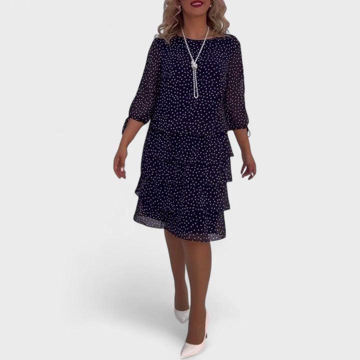 Women's Polka Dot Tiered Midi Dress with 3/4 Sleeves - Navy Blue