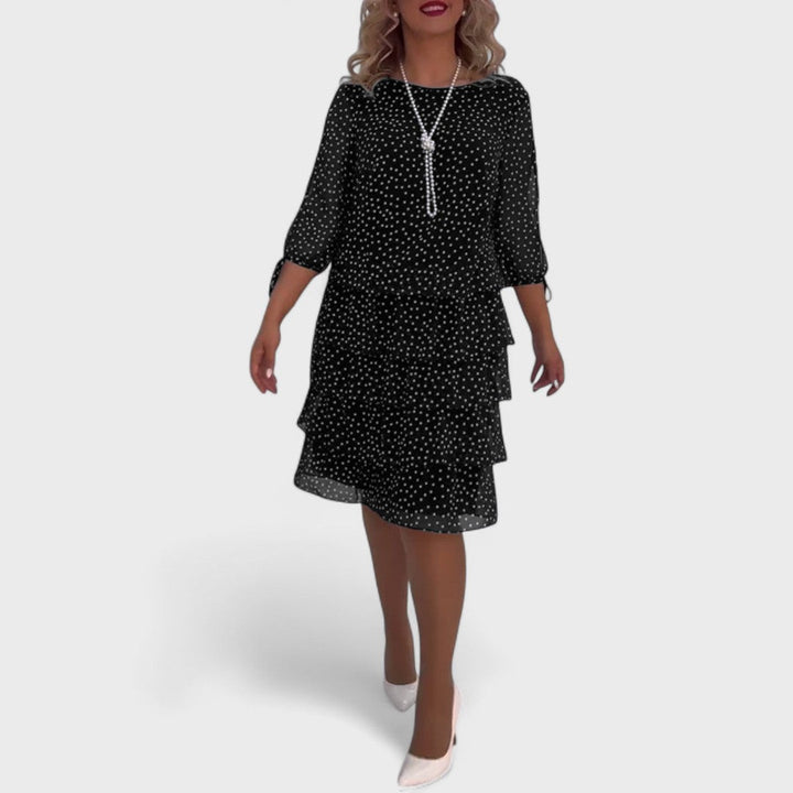 Women's Polka Dot Tiered Midi Dress with 3/4 Sleeves - Black