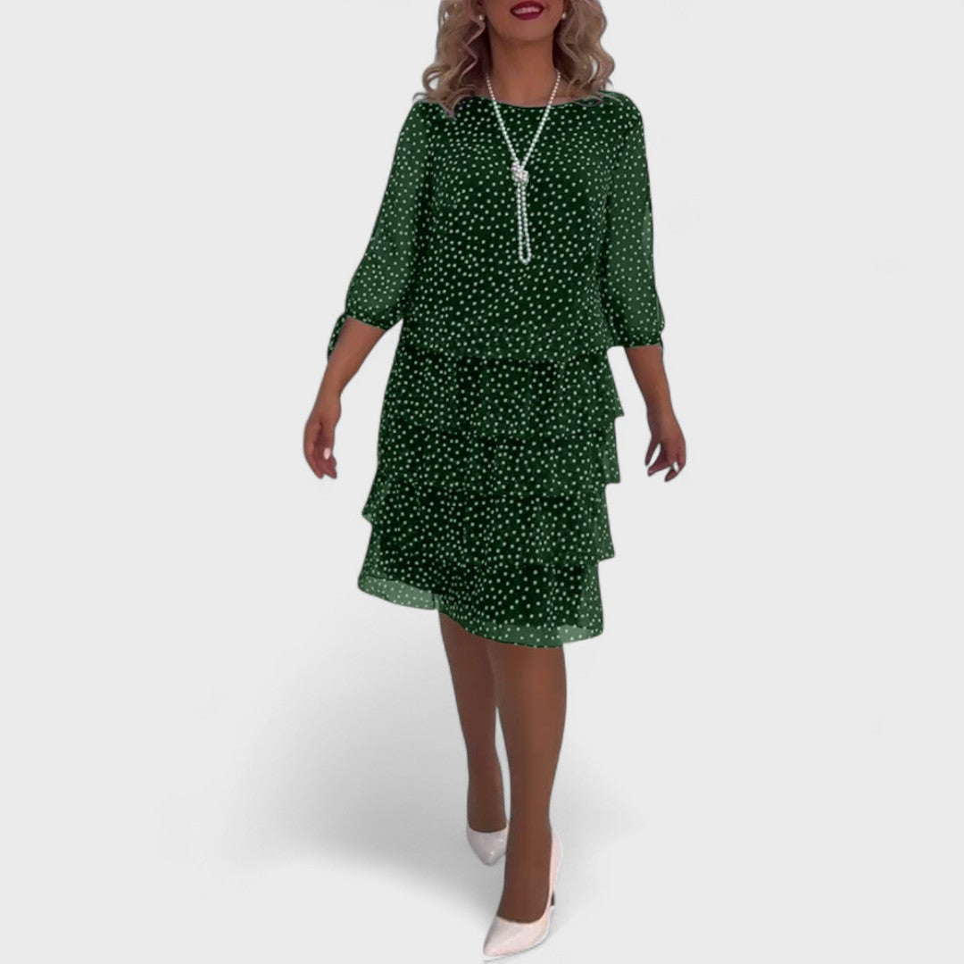 Women's Polka Dot Tiered Midi Dress with 3/4 Sleeves - Green