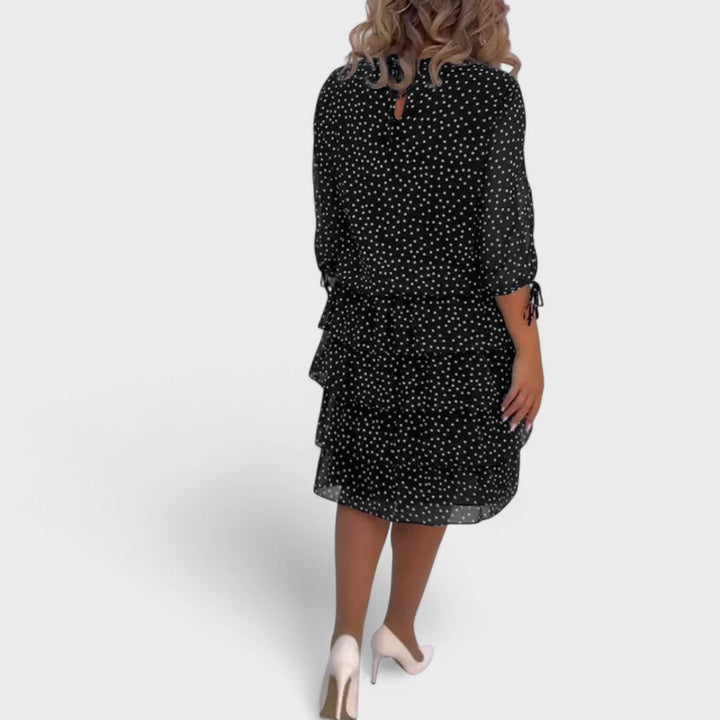 Women's Polka Dot Tiered Midi Dress with 3/4 Sleeves