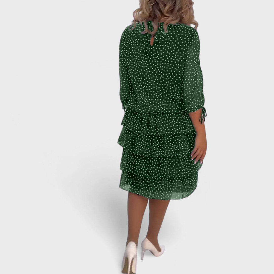 Women's Polka Dot Tiered Midi Dress with 3/4 Sleeves