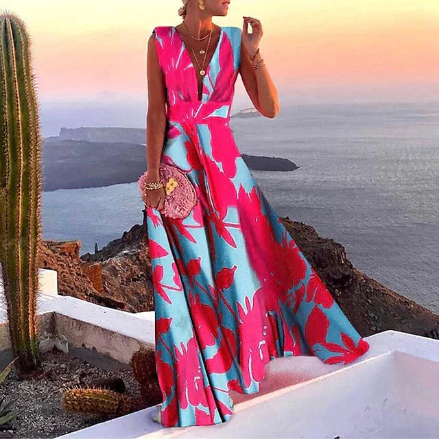 Women's Printed Maxi Dress with No Sleeves