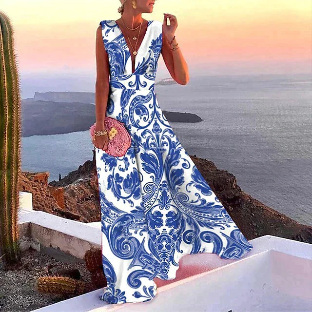 Women's Printed Maxi Dress with No Sleeves