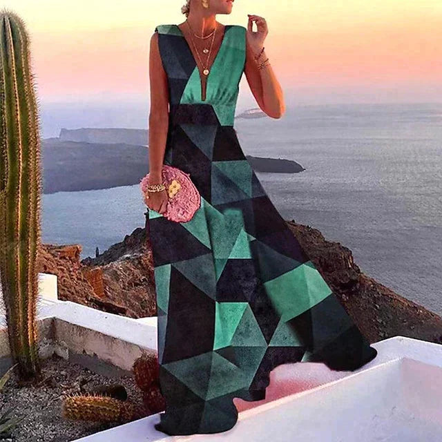 Women's Printed Maxi Dress with No Sleeves