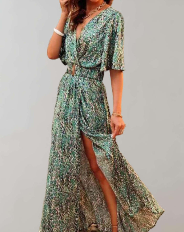 Women's Printed Split Maxi Dress with Short Sleeves