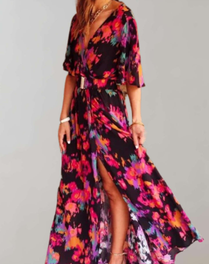 Women's Printed Split Maxi Dress with Short Sleeves